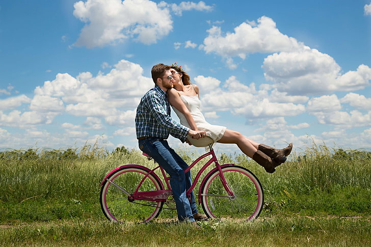 bike, couple, engaged, engagement, happiness, happy young couple, love, outdoors, relationship, romance, together, two, young couple, HD wallpaper