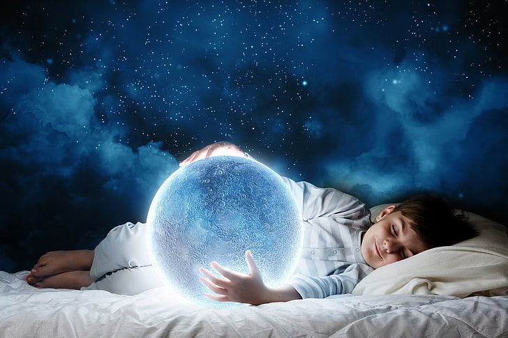 Künstlerisch, Traum, Kind, Fantasie, Glühen, Kleiner Junge, Mond, Schlafen, HD-Hintergrundbild