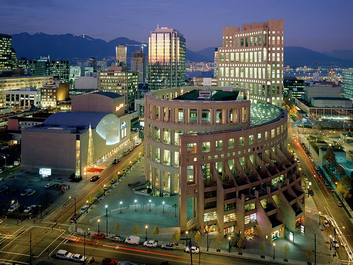 paesaggio urbano, Vancouver, biblioteca, città, architettura, Biblioteca pubblica di Vancouver, Columbia Britannica, Sfondo HD