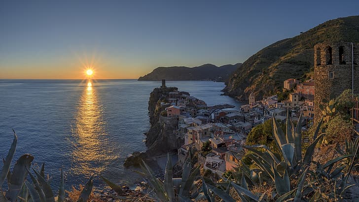 sea, sunset, Italy, Vernazza, Liguria, HD wallpaper