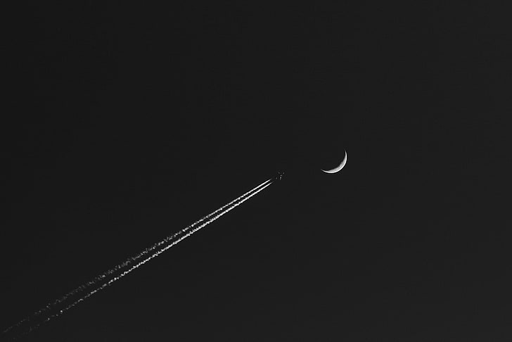 półksiężyc, samolot, Księżyc, minimalizm, monochromatyczny, smugi kondensacyjne, Tapety HD