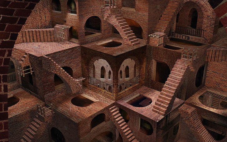 M. C. Escher, bricks, surreal, optical illusion, 3D, brown, digital art, stairs, arch, fence, CGI, building, HD wallpaper