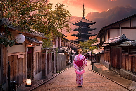 момиче, залез, градът, улицата, японски, Япония, къщи, пагода, Киото, огради, HD тапет HD wallpaper
