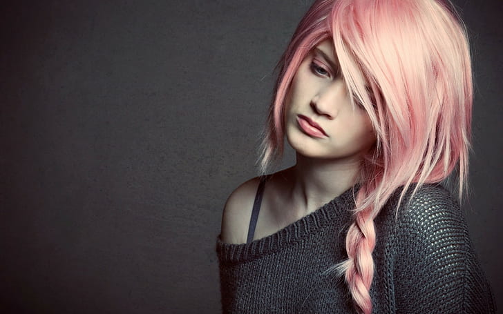 modelo, triste, cabello rosado, mujer, ojos rosados, Fondo de pantalla HD