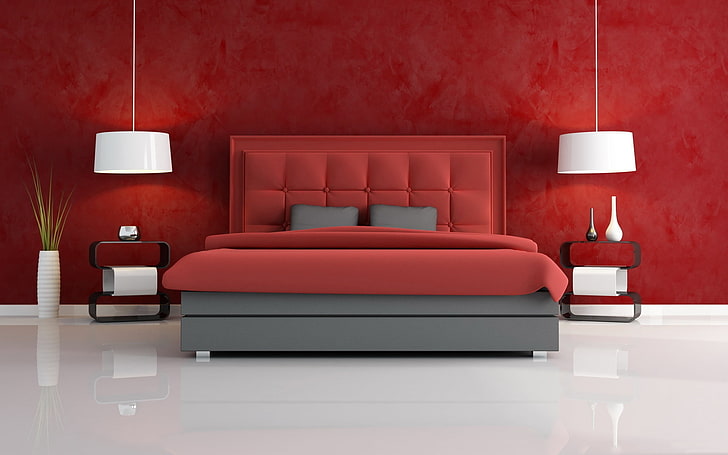 rosso, letto, stanza, interno, Sfondo HD