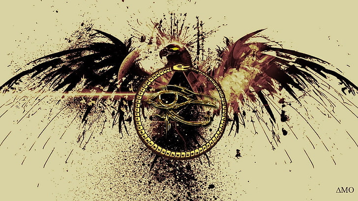 illustrazione di uccello nero e marrone, occhio di Horus, uccelli, schizzi di vernice, ouroboros, Sfondo HD
