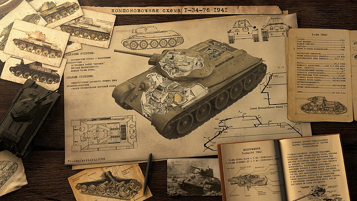 Ilustración de tanque de batalla gris, esquema, arte, tanque, T-34-76, tanque soviético, trueno de guerra, Fondo de pantalla HD