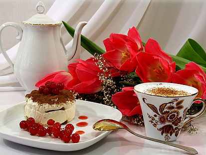 white ceramic teacup and teapot, cake, coffee, foam, dessert, HD wallpaper HD wallpaper