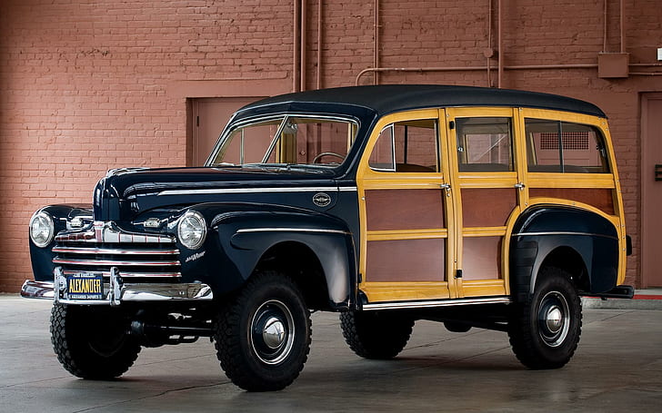 1946 Ford Super Deluxe Station Wagon, брод, вагон, реколта, супер, дървесен, класически, гара, 1946, дървен, антик, лукс, камион, HD тапет