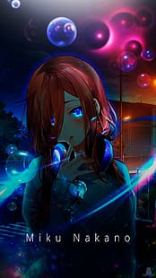 Nakano Miku, 5-toubun no Hanayome, anime, anime meninas, mulheres, menina fantasia, olhos azuis, raios de sol, escuro, crepúsculo, assinaturas, HD papel de parede HD wallpaper