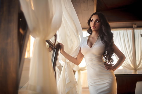 women's white V-neck dress, women, dress, white dress, curvy, model, HD wallpaper HD wallpaper