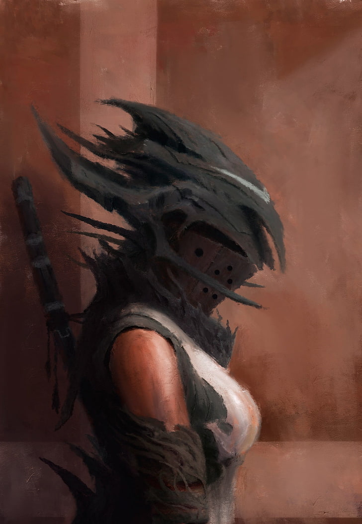 helmet, armor, women, dark fantasy, HD wallpaper