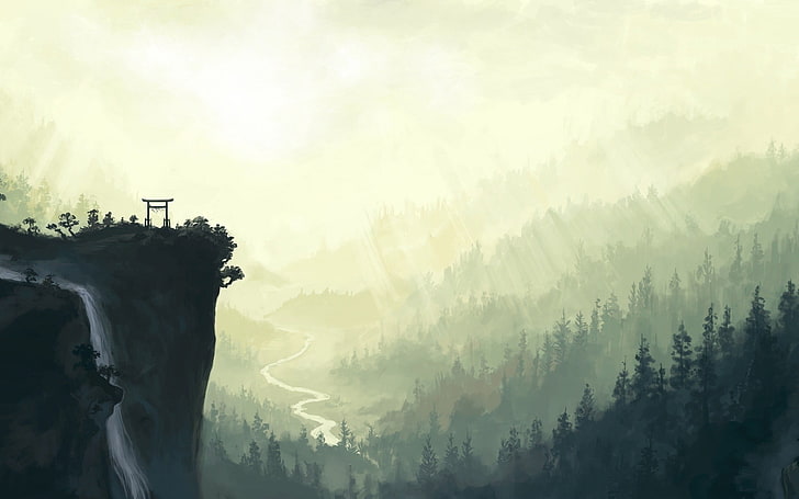 Porte Torii sur le papier peint de la falaise, chutes, montagnes, Chine, rivière, soleil, lumière, poutres, arc, brouillard, Fond d'écran HD