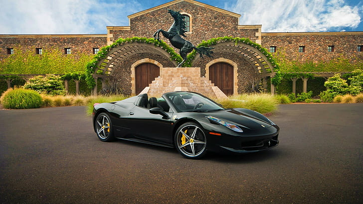 coche, coche deportivo, coches negros, Ferrari, Ferrari 458 Spider, Cabrio, edificio, arquitectura, Italia, estatua, animales, caballo, nubes, Fondo de pantalla HD