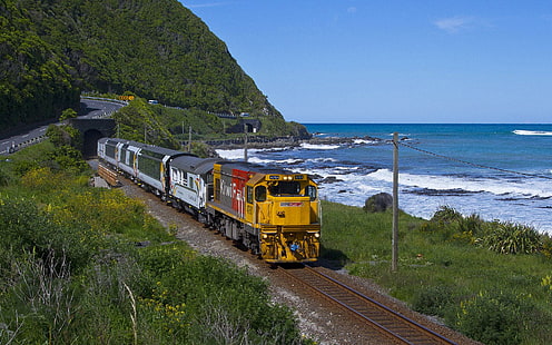 Viaggio in treno costiero, viaggi, costiere, natura, ferrovia, treni, natura e paesaggi, Sfondo HD HD wallpaper