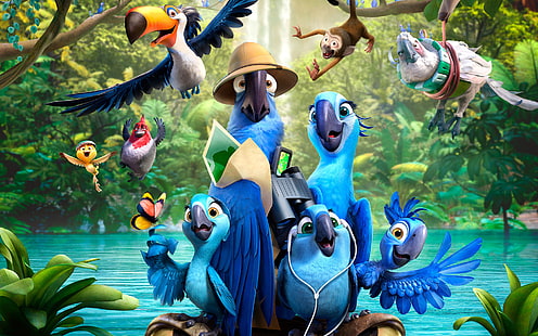 Рио фильм обои, птицы, река, джунгли, попугаи, Бразилия, Рио-де-Жанейро, мультфильм, жемчужина, Рио 2, Дорогая, HD обои HD wallpaper