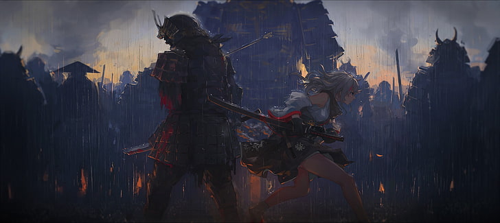 girl and samurai animated character wallpaper, samurai, Pixiv Fantasia, ultrawide, ultra-wide, HD wallpaper
