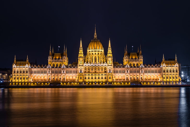 бетонна конструкция, вода, светлина, нощ, град, светлини, река, сградата, осветление, Парламент, Унгария, Будапеща, Дунав, С изглед към река Дунав, HD тапет
