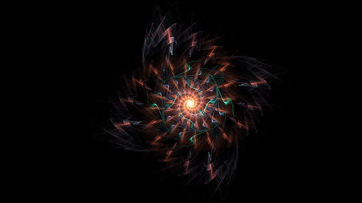 brown and green fireworks, abstract, brown, black, illusion, circle, feathers, HD wallpaper
