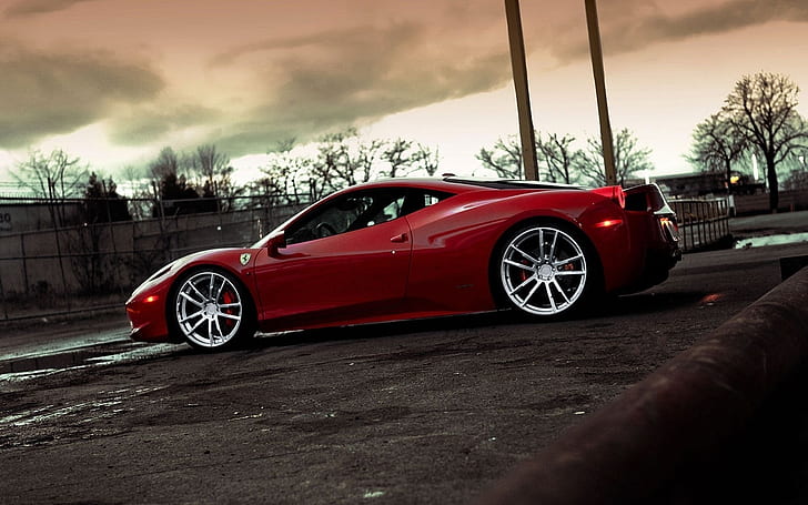Ferrari 458 Italia ซูเปอร์คาร์สีแดงตอนเย็น, รถเก๋งสีแดง, เฟอร์รารี, สีแดง, ซูเปอร์คาร์, ตอนเย็น, วอลล์เปเปอร์ HD
