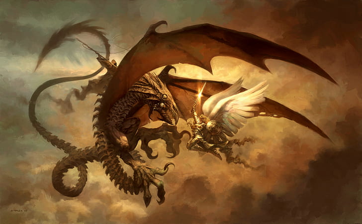 artwork, fantasy art, angel, wings, women, dragon, Magic: The Gathering, Serra Angel, HD wallpaper