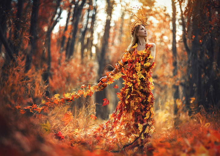 women's brown dried leaf sleeveless dress, leaves, art, Autumn spell, lady autumn, girl autumn, HD wallpaper