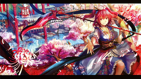 blossoms, buildings, cherry, choko, cleavage, clothes, dress, eyes, flowers, fuji, games, hair, houses, japanese, komachi, landscapes, multicolor, necklaces, onozuka, ornaments, red, redheads, rivers, scenic, scythe, shinigami, short, touhou, trees, twintails, video, water, weapons, HD wallpaper HD wallpaper