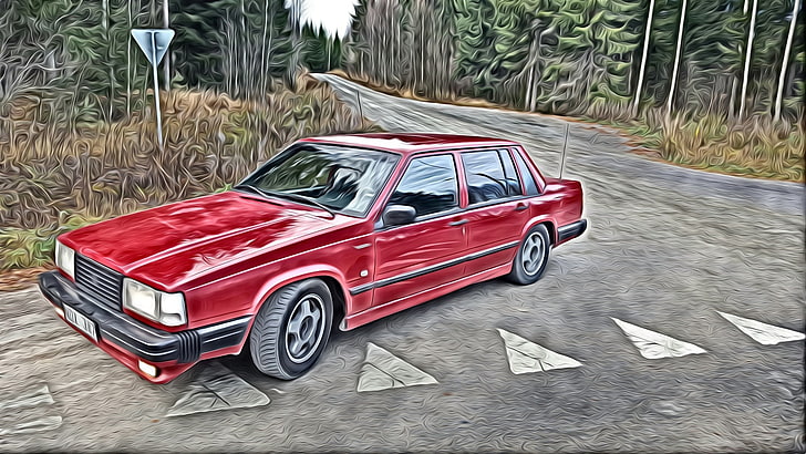 2000x1125 px, car, painting, red, Volvo, Volvo 740, HD wallpaper
