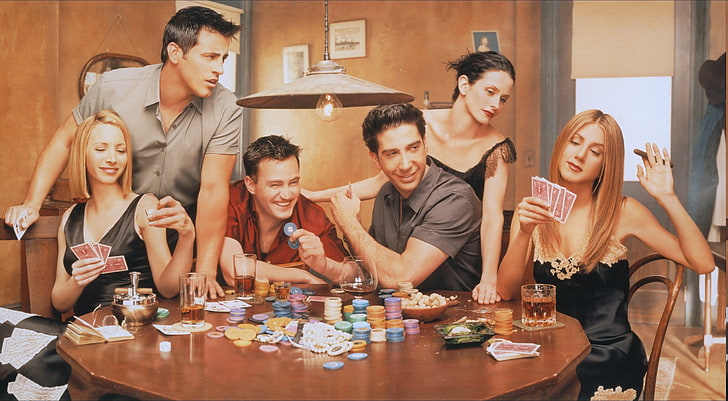 cards, Chandler Bing, Friends (TV Series), Joey Tribbiani, Monica Geller, Phoebe Buffay, Rachel Green, Ross Geller, table, HD wallpaper