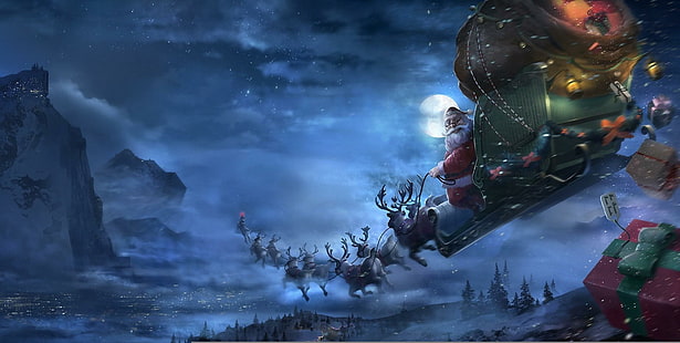 santa claus, reindeer, sleigh, flying, gifts, christmas, santa claus, reindeer, sleigh, flying, gifts, christmas, HD wallpaper HD wallpaper