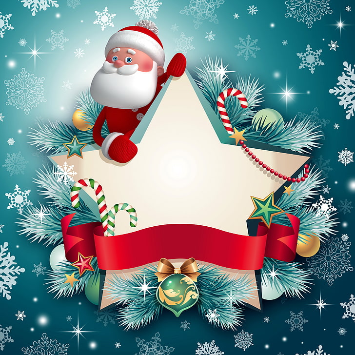 Дед мороз держит звезду цифровые обои, снежинки, праздник, новый год, рождество, дед мороз, санта, зима, снег, HD обои