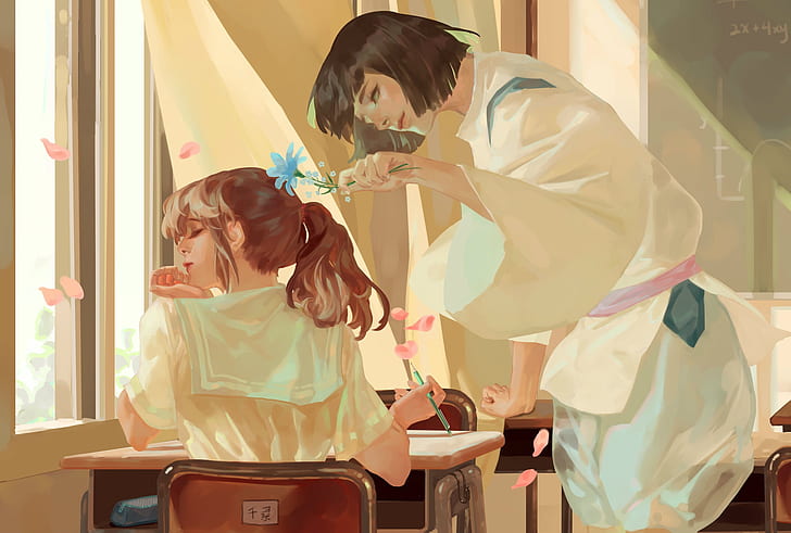 class, schoolgirl, guy, Parta, art, window, cherry blossoms, priest, sailor, from the back, flirting, Aw Anqi, HD wallpaper