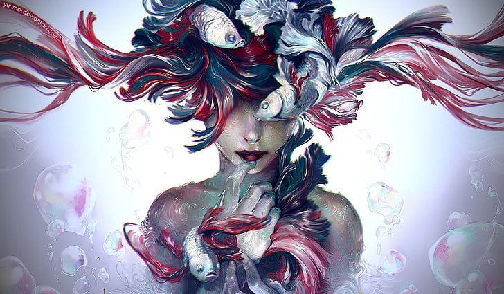 underwater, women, artwork, bubbles, Fisheye Placebo, HD wallpaper