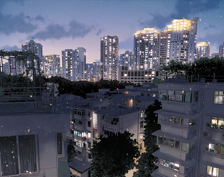 многоэтажка, аниме, город, Япония, темно, ночь, HD обои