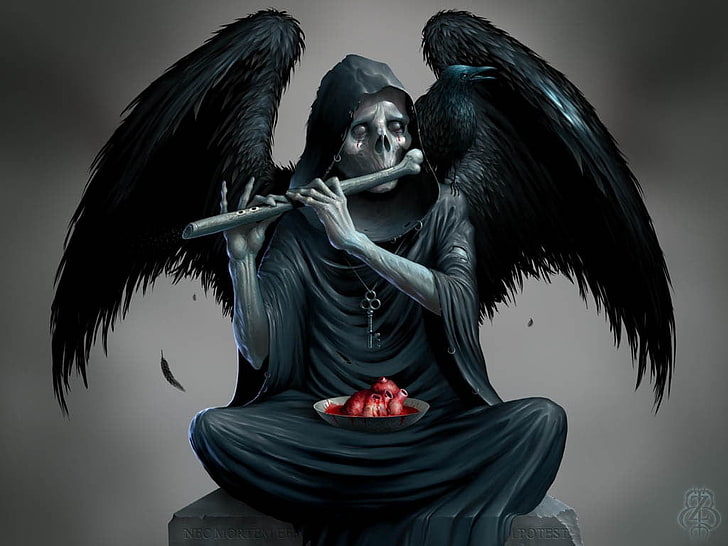 mietitore tenendo illustrazione flauto, Grim Reaper, corvo, cuore, fantasy art, Sfondo HD