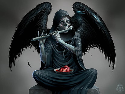 reaper holding illustration flûte, Grim Reaper, corbeau, coeur, art fantastique, Fond d'écran HD HD wallpaper
