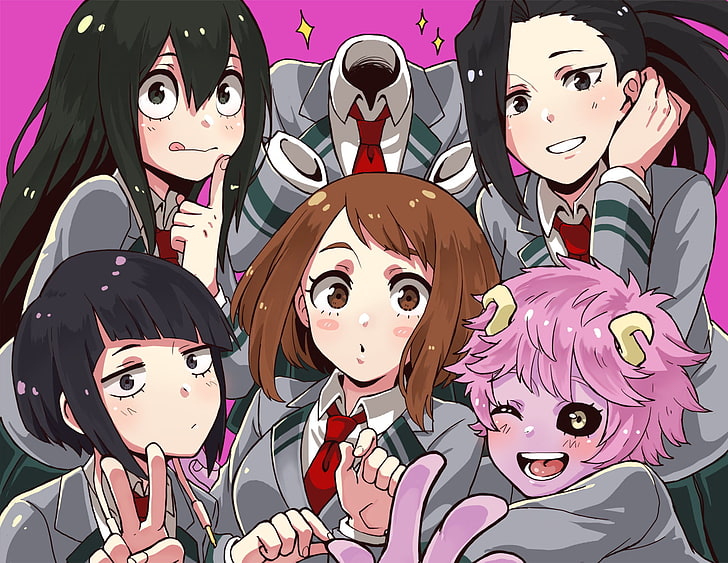 Boku no Hero Academia, anime girls, Ashido Mina, Uraraka Ochako, Tsuyu Asui, Yaoyorozu Momo, Hagakure Tōru, Jirō Kyōka, Sfondo HD