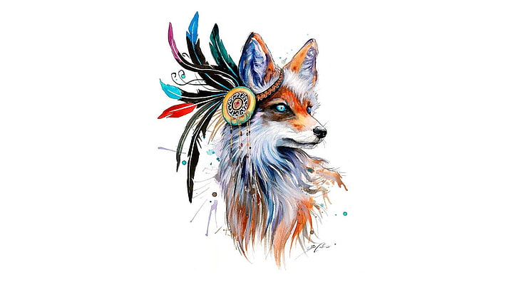red fox illustration, fox, drawing, feathers, colorful, simple background, animals, artwork, HD wallpaper