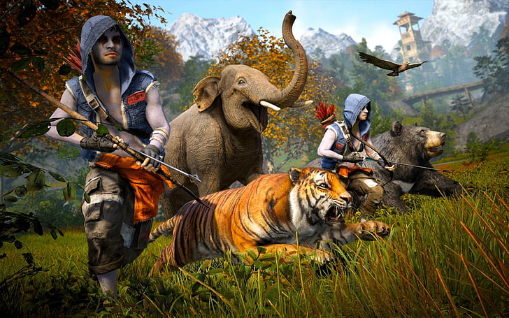 иллюстрация животных и двух человек, Far Cry 4, Far Cry, тигр, слон, лук, медведи, бег, видеоигры, HD обои