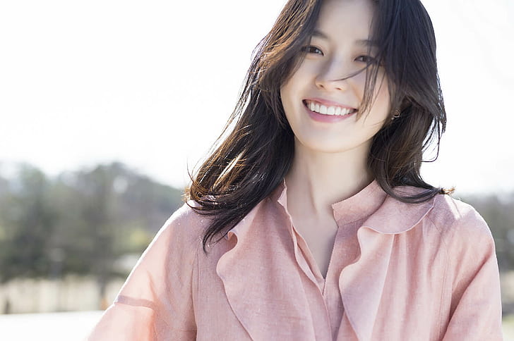 Han HyoJoo, atriz, mulheres, asiáticos, coreanos, morena, cabelos longos, sorrindo, mulheres ao ar livre, tops cor de rosa, HD papel de parede