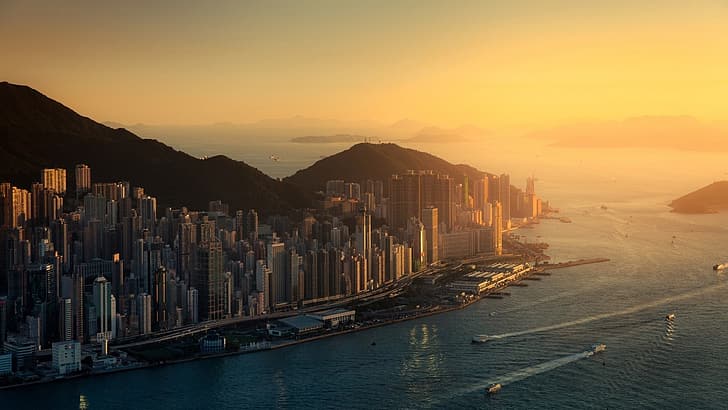 град, океан, залез, вода, небостъргач, улица, хълмове, Хонконг, кораб, лодка, сграда, залив, градски пейзаж, HD тапет