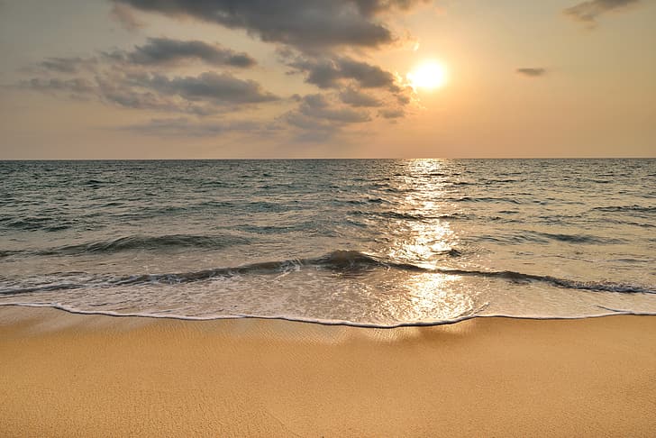 sand, sea, wave, beach, summer, the sky, sunset, shore, seascape, HD wallpaper