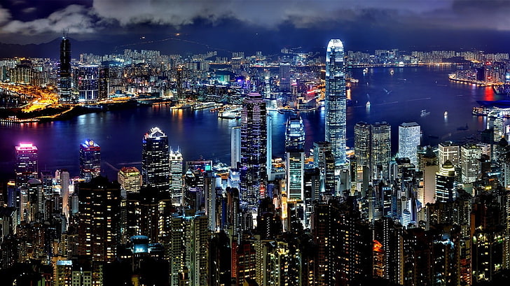 Paisaje urbano iluminado, paisaje urbano, edificio, luces, Hong Kong, Fondo de pantalla HD