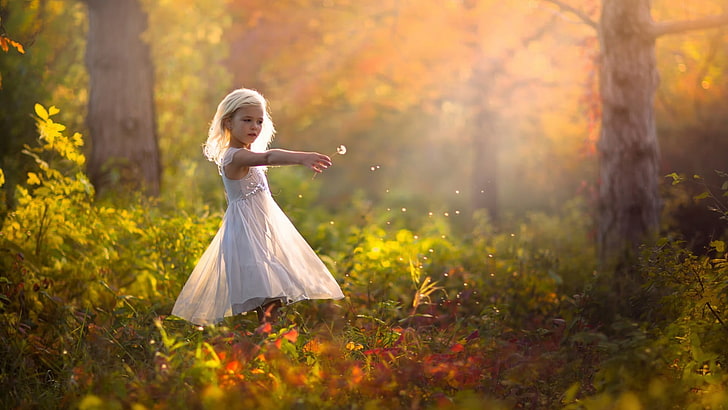 girl's white dress, children, little girl, dandelion, depth of field, blonde, white dress, Jake Olson, HD wallpaper