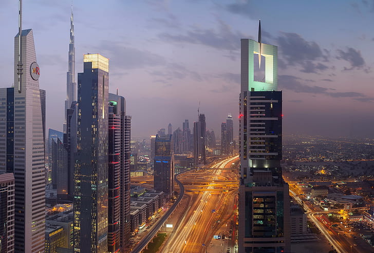 Emirados Árabes Unidos cidade de Dubai, luzes, luzes, noite, noite, Emirados Árabes Unidos cidade de Dubai, HD papel de parede