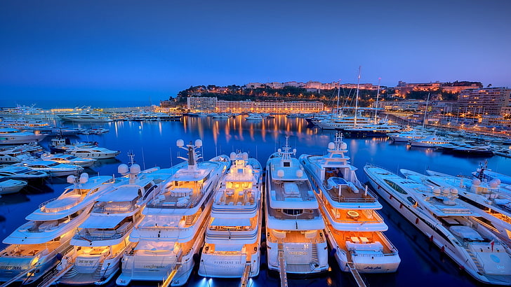 yacht, marina, monaco, port, port, quai, crépuscule, port hercules, yachts, bateau, couchette, soirée, Fond d'écran HD