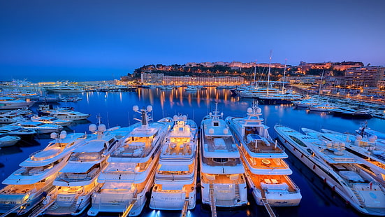 yacht, marina, monaco, harbor, port, dock, dusk, port hercules, yachts, boat, berth, evening, HD wallpaper HD wallpaper