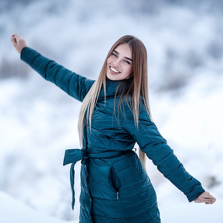 winter, look, snow, pose, smile, hair, Girl, Sergey Sorokin, Luba Ivanova, HD wallpaper