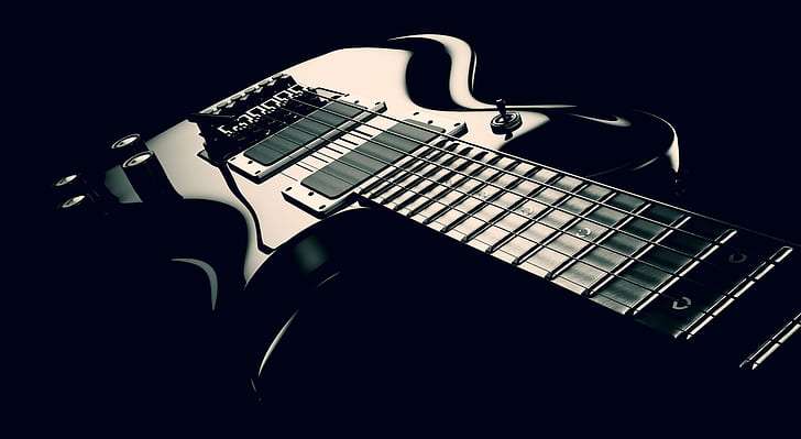 Gitara elektryczna Czarno-biała, Muzyka, Ciemne, Gitara, Błyszczący, Projekt, instrument, gitara elektryczna, Cinema4D, Washburn, Tapety HD