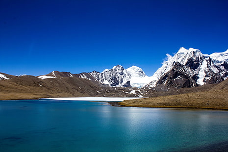 zimno, światło dzienne, lodowiec, jezioro Gurudongmar, Himalaje, lód, jezioro, krajobraz, góra, szczyt górski, Natura, na dworze, sceniczny, Sikkim, niebo, śnieg, woda, Tapety HD HD wallpaper